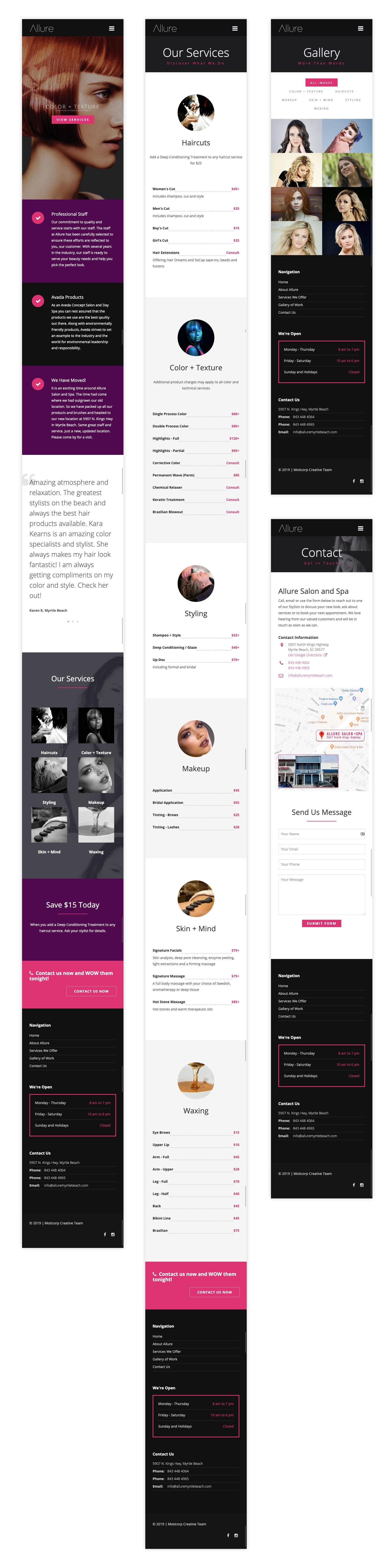 Screenshots of Allure Salon + Spa's pages on mobile