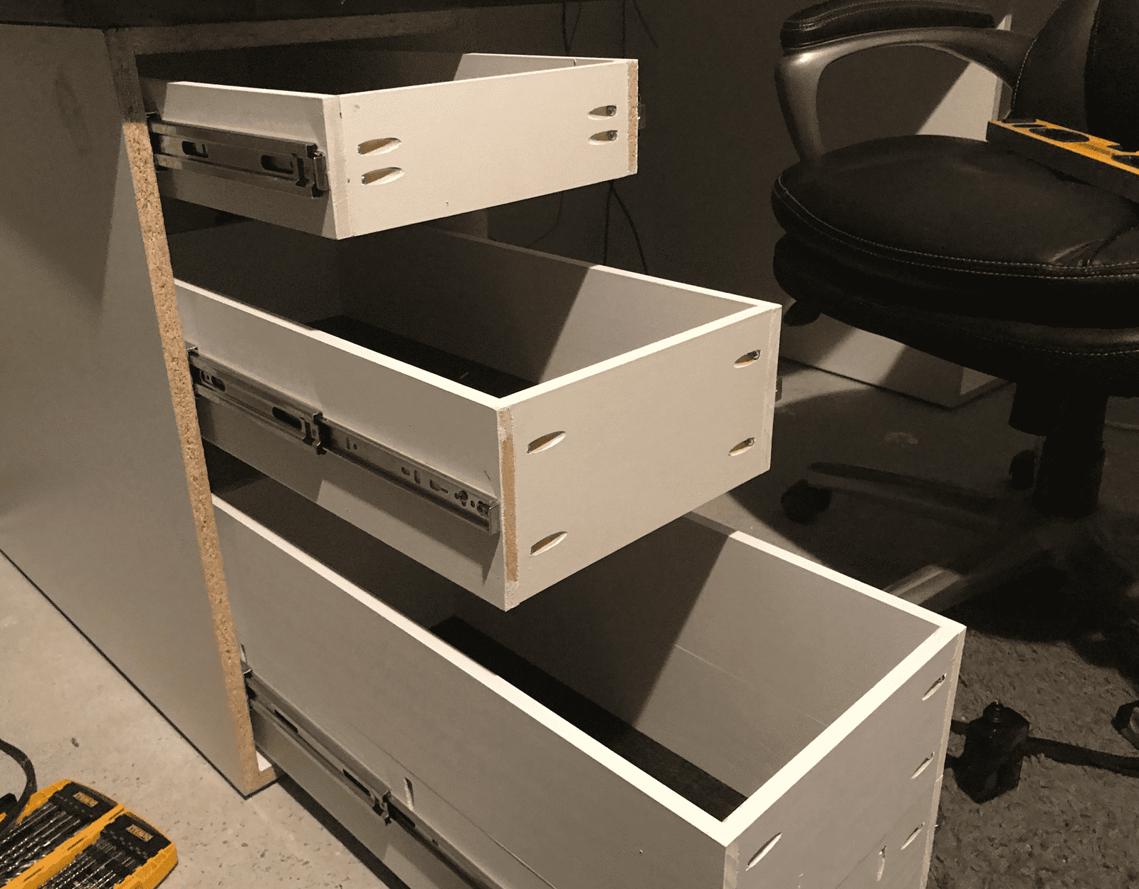 Drawers installed and extended without faces